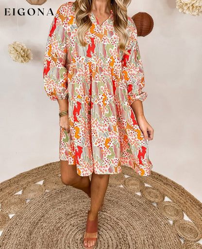 Multicolour Split Neck Puff Sleeve Flowy Printed Dress Best Sellers clothes Color Multicolor Color Orange EDM Monthly Recomend Hot picks Occasion Daily Print Floral Season Spring Silhouette A-Line Style Southern Belle