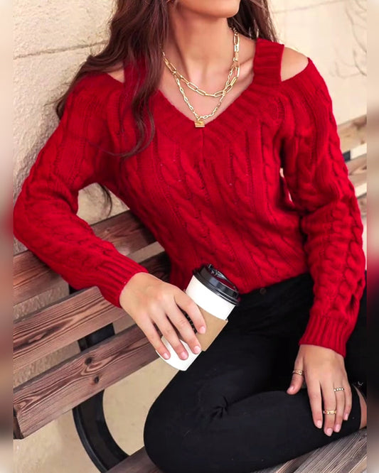 Solid Color V-Neck Cable Knit Pullover