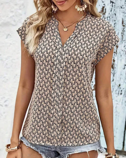 V-Neck Printed Casual Short-Sleeved Blouse