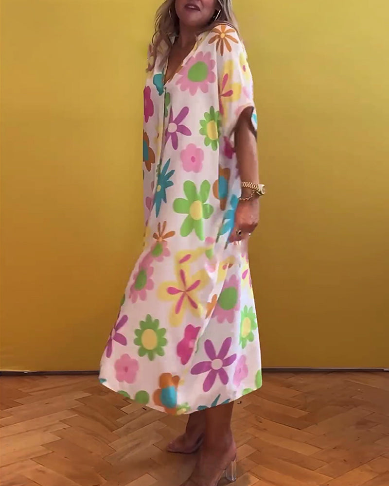 Loose V-neck floral print dress casual dresses summer