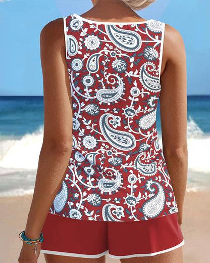 Ärmelloser Boyshort-Tankini mit Cut-Outs und Print