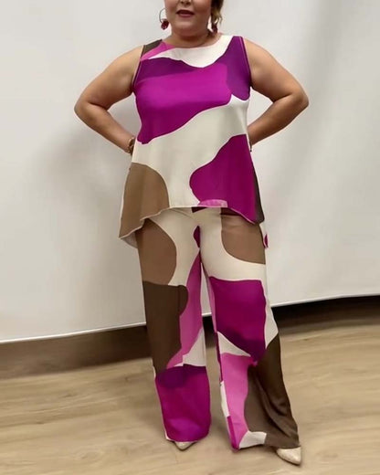 Sleeveless Geometric Pattern Wide-Leg Suit