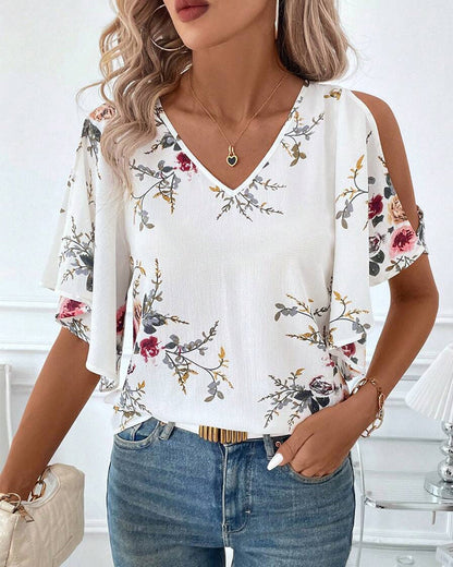 V-Neck Off-Shoulder Printed Blouse
