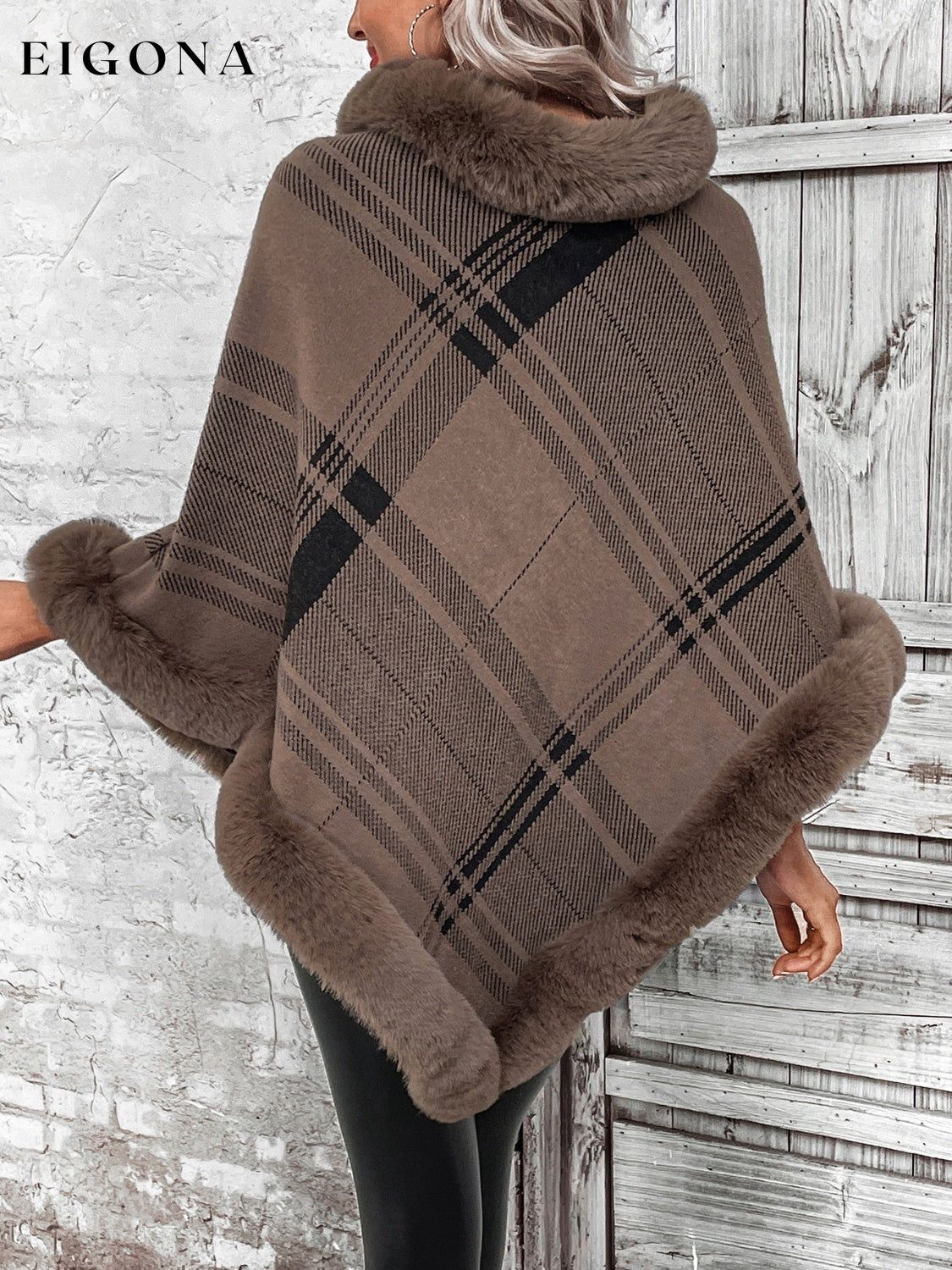 Plaid Faux Fur Trim Fashion Poncho Sweater clothes Ship From Overseas Shipping Delay 09/30/2023 - 10/03/2023 Sounded Sweater sweaters