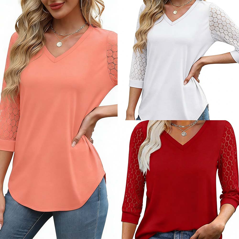 Hollow Three-Quarter Sleeve Solid Color Top Set
