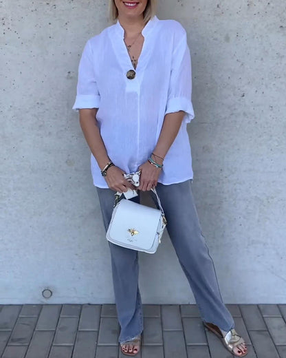 Solid Color Cotton Stand Collar Blouse