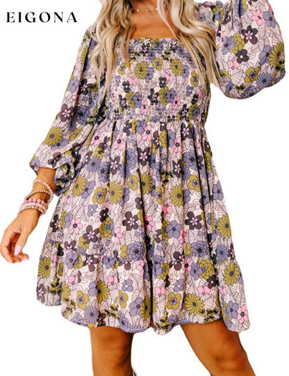 Multicolour Floral Smocked Bust Square Neck Ruffled Dress All In Stock clothes Color Blue Color Multicolor Craft Smocked Occasion Daily Print Floral Season Spring Silhouette A-Line Style Southern Belle