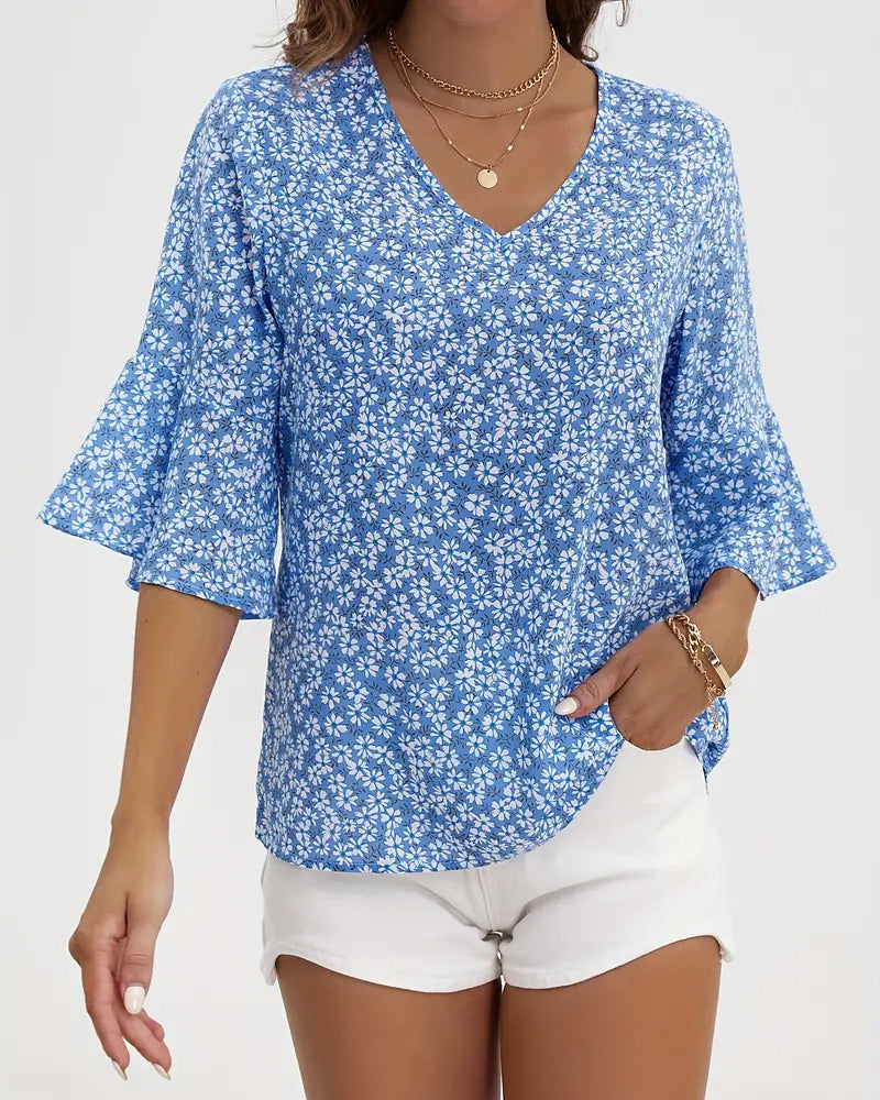 V-neck lotus leaf sleeves floral blouse Blue 202466 blouses & shirts summer