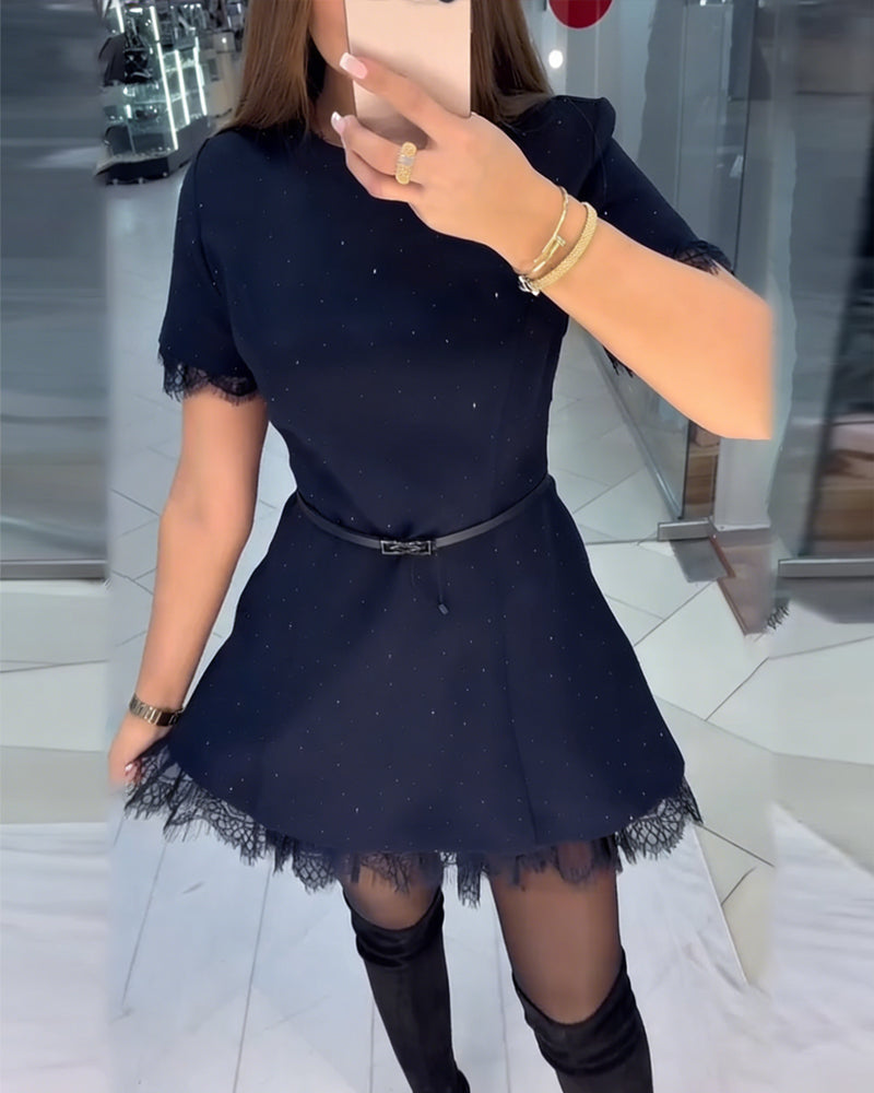 Sparkling Lace Short-Sleeve A-Line Dress