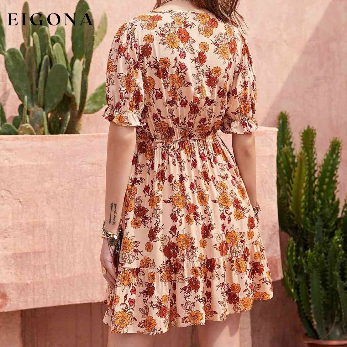 Floral V-Neck Flounce Sleeve Ruffle Hem Dress clothes H.R.Z Ship From Overseas