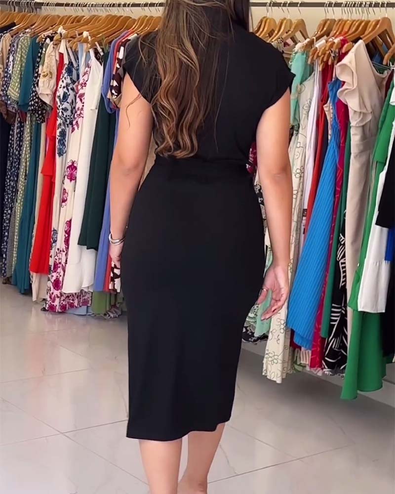 Elegant solid color V-neck slit belt dress 2024 f/w casual dresses spring