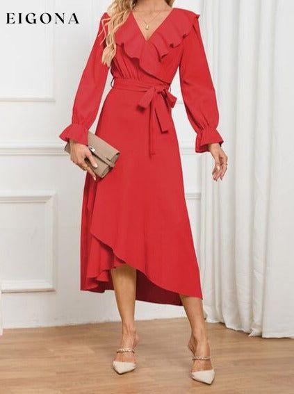 Surplice Tie Front Flounce Sleeve Dress Deep Red clothes H.Y.G@E Ship From Overseas