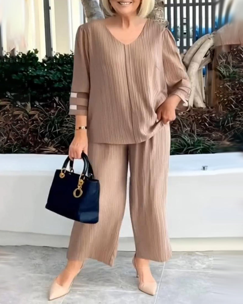 V-Neck Loose Top Wide-Leg Pants Set