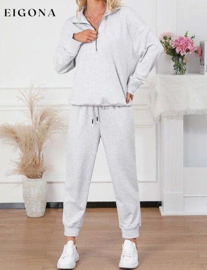 Half Zip Sweatshirt and Drawstring Sweatpants Set Light Gray clothes Ship From Overseas SYNZ