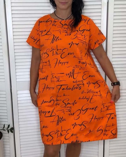 Round Neck Lettering Short Sleeve Dress