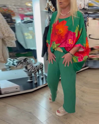 Bat-Sleeve Large Flower Print Blouse