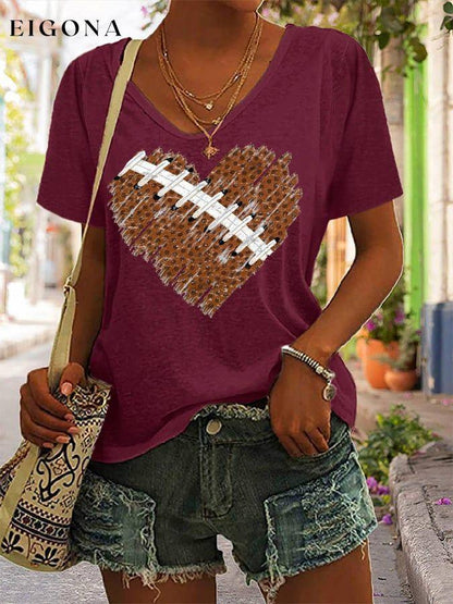 Women's Football Heart Print Casual V-Neck Tee ball print