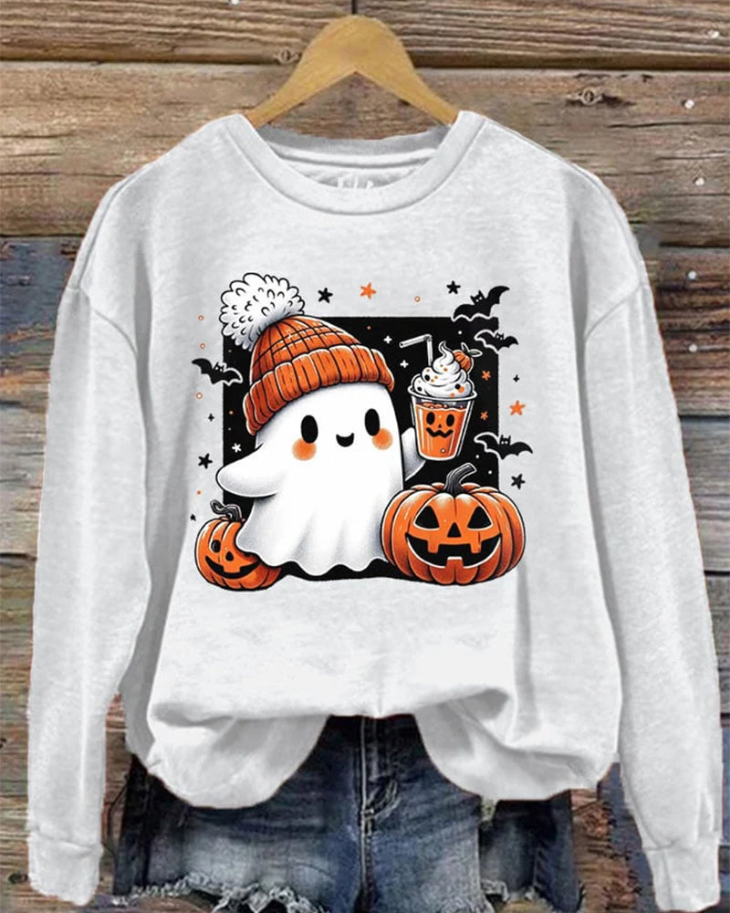 Women's Halloween Cute Ghost Print Crew Neck Sweatshirt 2024 f/w halloween spring summer sweatshirts