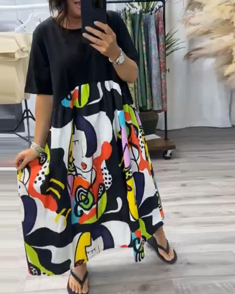 Casual colorful printed round neck patchwork dress casual dresses spring summer