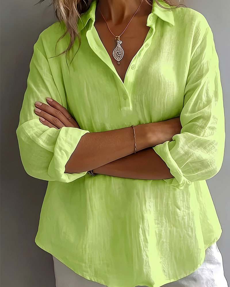 Solid Color Lapel Half-Placket Long Sleeve Blouse