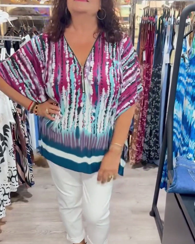 Tie-Dye V-Neck Zip-Front Batwing Top