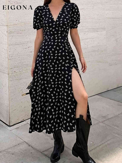 Puff Sleeve Surplice Neck Split Dress clothes Q@S Ship From Overseas