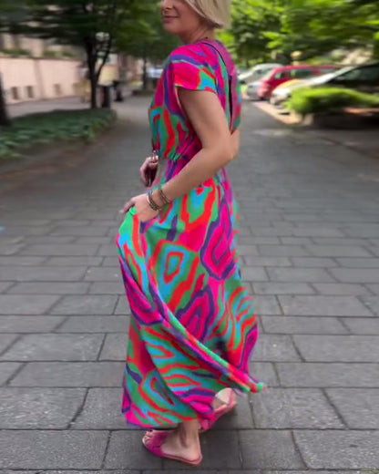 Colorful printed V-neck raglan sleeves long dress casual dresses spring summer