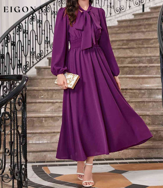 Tie-Neck Balloon Sleeve Dress Violet clothes Ship From Overseas Shipping Delay 09/29/2023 - 10/03/2023 Z@Q