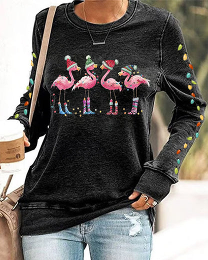 Women's christmas flamingo print crewneck sweatshirt 2024 f/w christmas sweatshirts