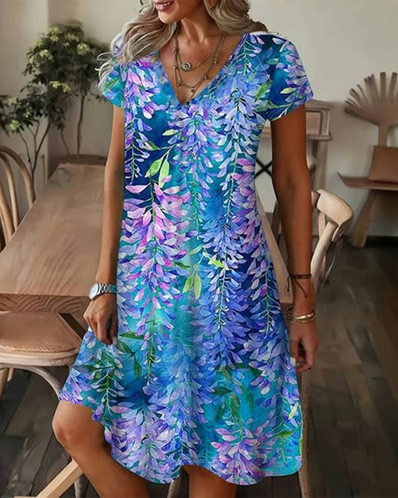 V-Neck Floral Casual Straight Dress