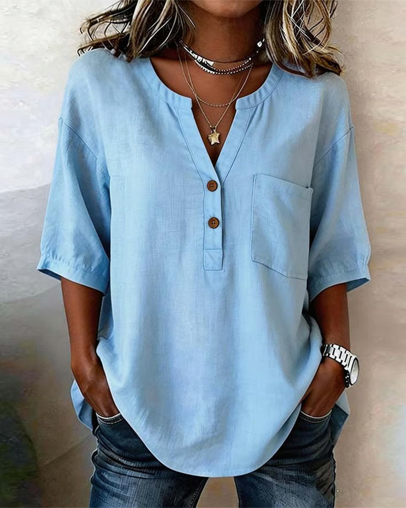 V-Neck Solid Color Three-Quarter Sleeve Shirt