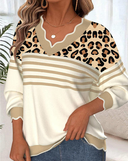 V-Neck Leopard Print Contrast Pullover
