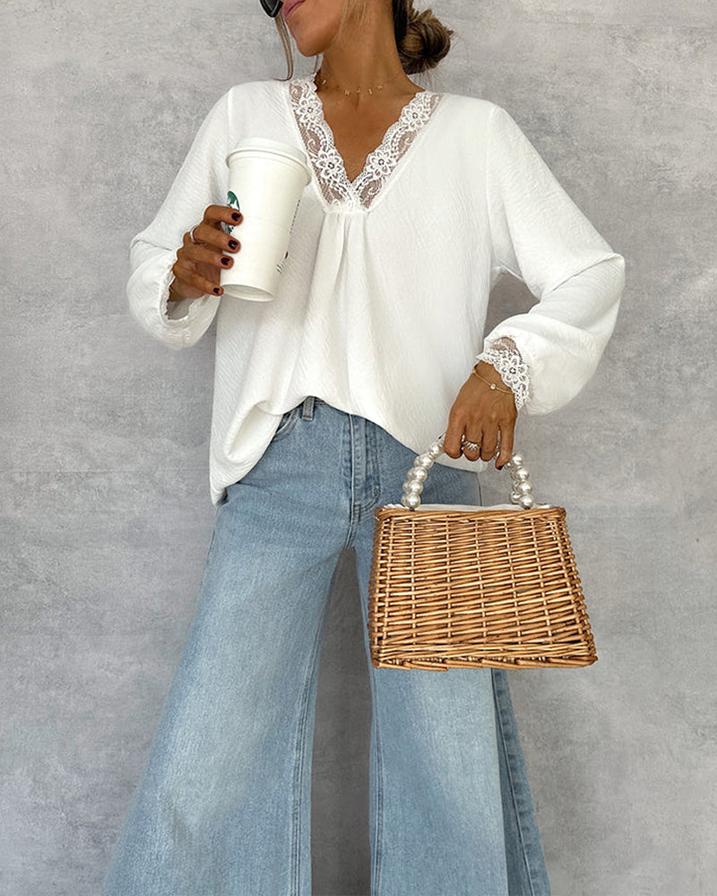 V-Neck Lace Long-Sleeved Blouse
