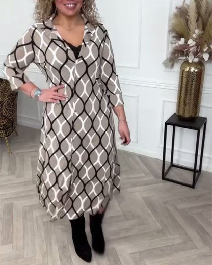 Lapel Buttoned Geometric Print Dress