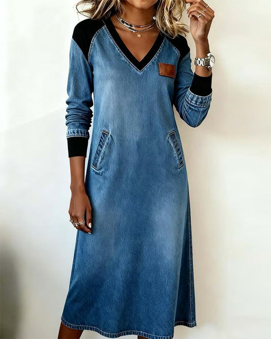 V-Neck Stitching Long-Sleeved Dress