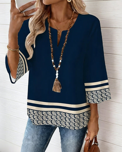 Geometric Print V-Neck Three-Quarter Sleeve Top