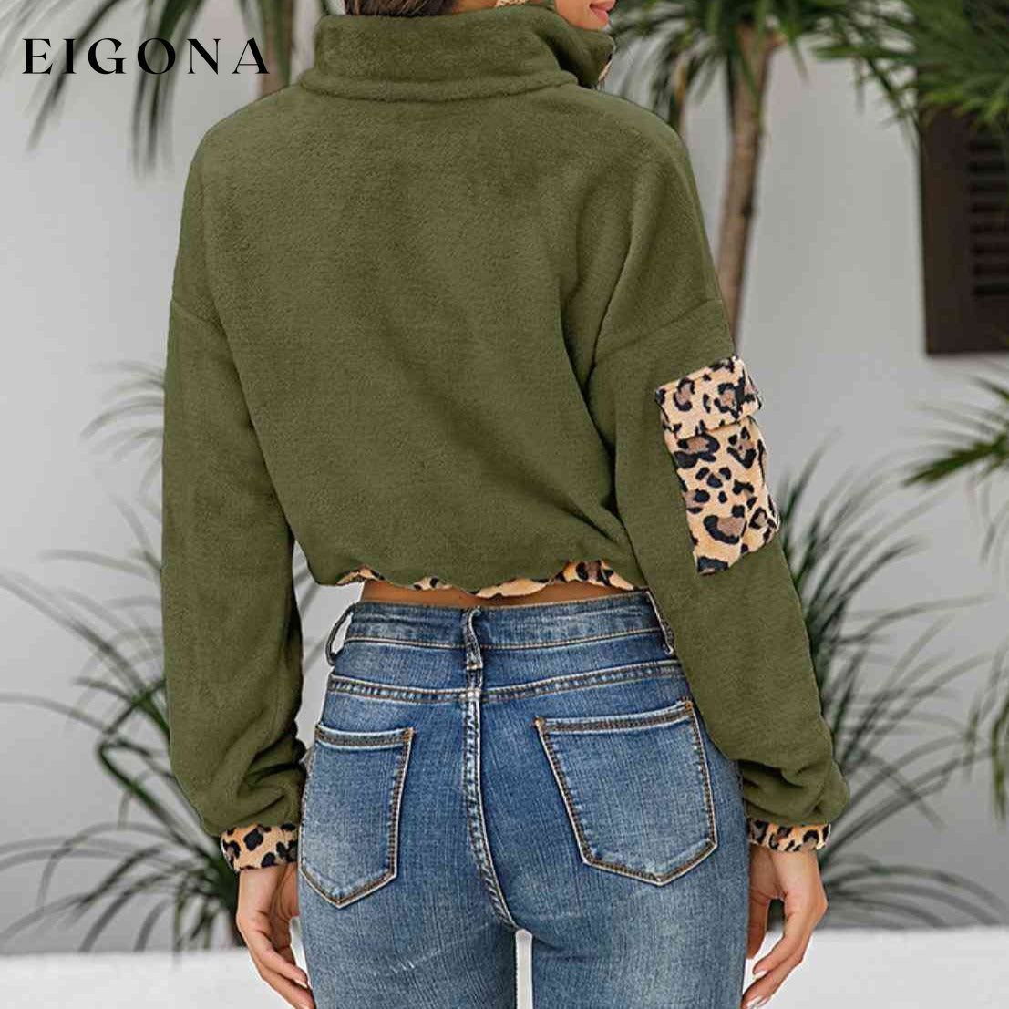 Leopard Half Zip Drawstring Cropped Sweatshirt clothes L@X@G Ship From Overseas