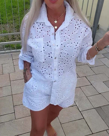 Long-Sleeved Lapel Hollow Shorts Set