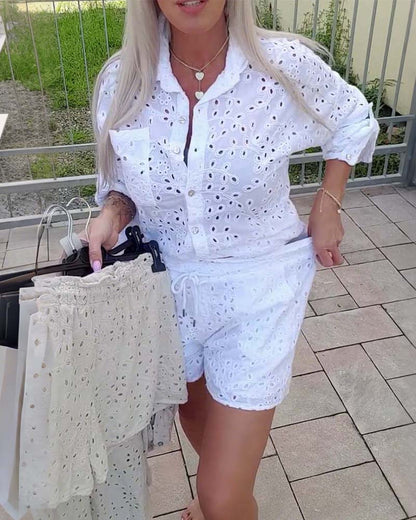 Long-Sleeved Lapel Hollow Shorts Set