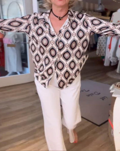 Long-Sleeved Diamond Print Blouse