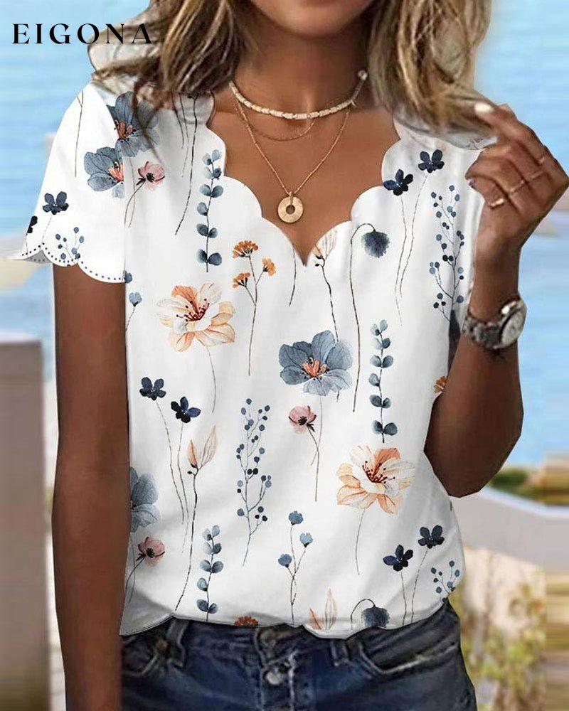 Lace v-neck floral print short-sleeved top blouses & shirts summer