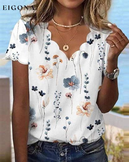 Lace v-neck floral print short-sleeved top blouses & shirts summer