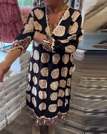 Long-Sleeved V-Neck Printed Dress