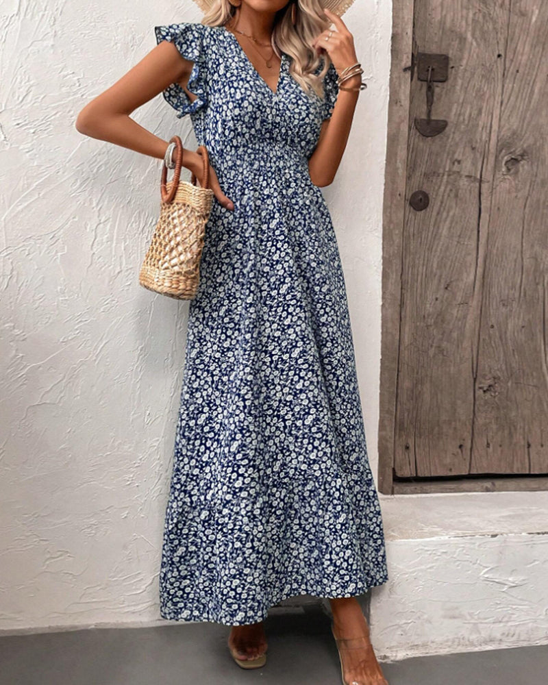 Floral print V-neck ruffled waist maxi dress casual dresses summer vacation dresses