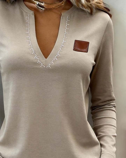 V-Neck Solid Color Stylish Casual Top