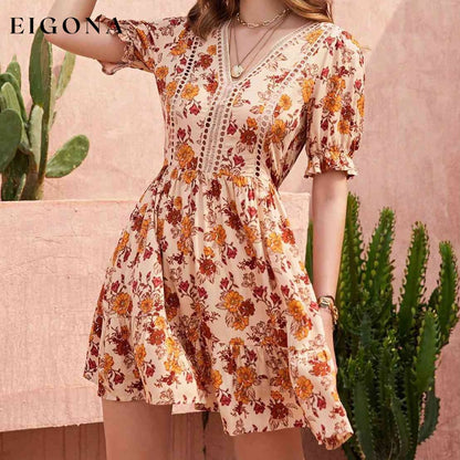 Floral V-Neck Flounce Sleeve Ruffle Hem Dress clothes H.R.Z Ship From Overseas