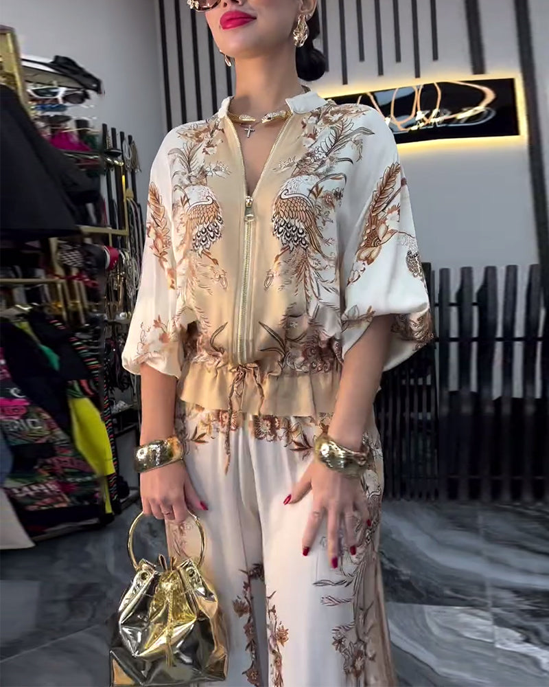 Temperament Stand Collar Zipper Wide Leg Suit