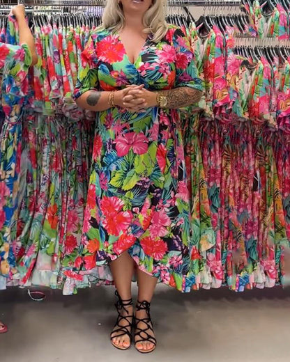 Floral print deep v slit elegant dress casual dresses spring summer vacation dresses