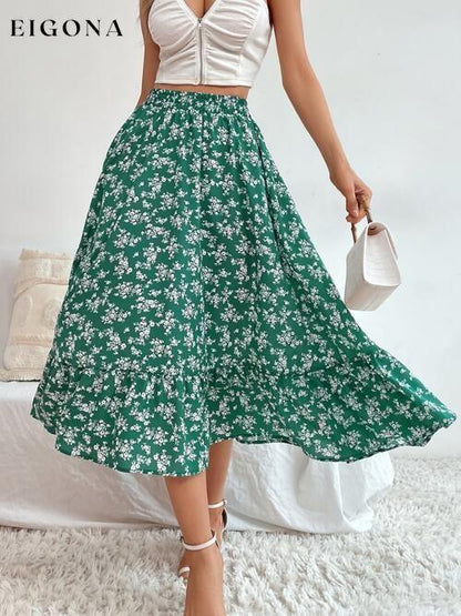 Printed Ruffle Hem Midi Skirt Teal bottoms clothes midi skirts Ship From Overseas skirt skirts Women's Bottoms Y@X@N@H