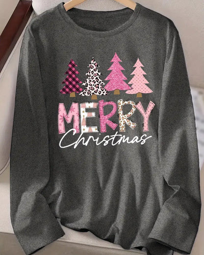 Festive Holiday Cheer Print Long Sleeve Crew Neck Top 2024 f/w blouses & shirts christmas spring